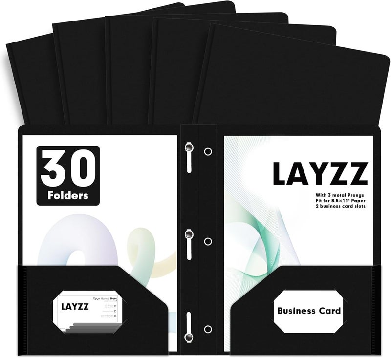 LAYZZ Plastic 2 Pocket Folders with Prongs, 30 Pack, Heavyweight, Letter Size Poly Folders with 3 Metal Prongs Fastener Clips (Black) - Image 1